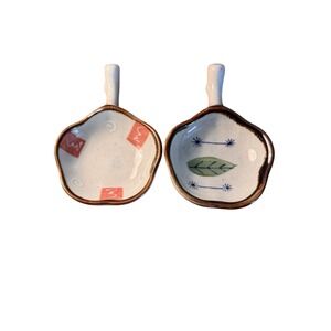 Artisan Ceramic Soy Sauce Dipping Bowls Set of 2‎ Cream Brown Hand-Painted EUC